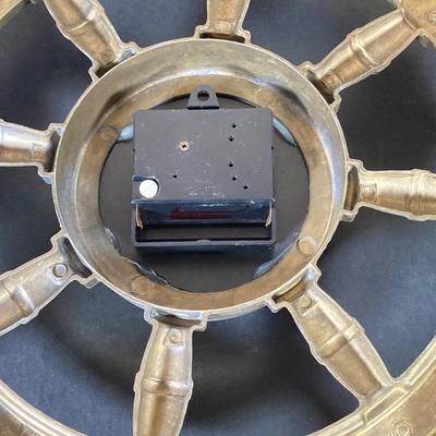 LOT 64: Vintage Brass Ships Wheel Wall Clock with Octagon Blue and White Nautical Box