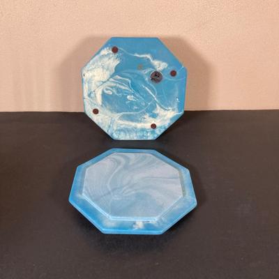 LOT 64: Vintage Brass Ships Wheel Wall Clock with Octagon Blue and White Nautical Box