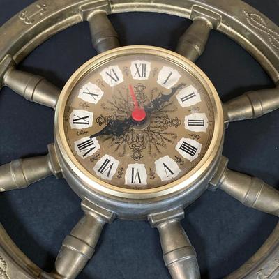 LOT 64: Vintage Brass Ships Wheel Wall Clock with Octagon Blue and White Nautical Box
