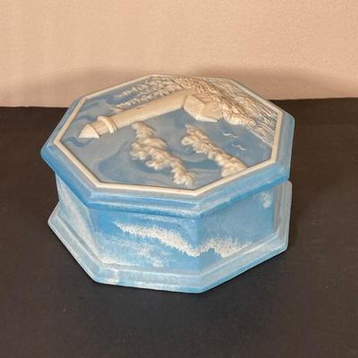 LOT 64: Vintage Brass Ships Wheel Wall Clock with Octagon Blue and White Nautical Box