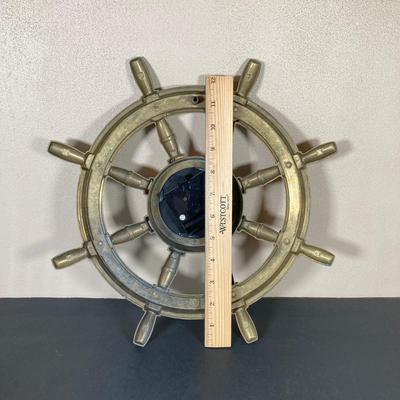 LOT 64: Vintage Brass Ships Wheel Wall Clock with Octagon Blue and White Nautical Box
