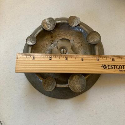 LOT 65: Vintage / Antique Collection - Cast Iron Holders, Wooden Spout, Oil Cans and Berlin 1952 Coin Ashtray