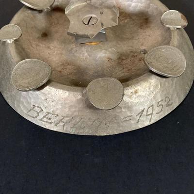 LOT 65: Vintage / Antique Collection - Cast Iron Holders, Wooden Spout, Oil Cans and Berlin 1952 Coin Ashtray