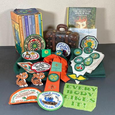 LOT 66: Vintage Collection - Girl Scout Apparel, Accessories, Patches with The Chronicles of Narnia and Nancy Drew Books