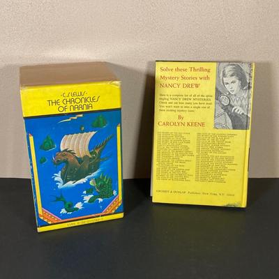 LOT 66: Vintage Collection - Girl Scout Apparel, Accessories, Patches with The Chronicles of Narnia and Nancy Drew Books