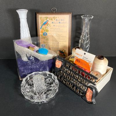 LOT 71: Vintage Collection - Sewing Notions, Cast Iron Trivet, Wall Plaque and Crystal / Milk Glass Bud Vases