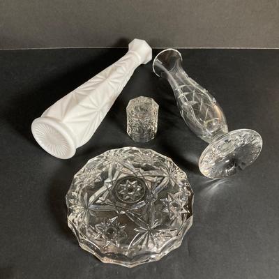 LOT 71: Vintage Collection - Sewing Notions, Cast Iron Trivet, Wall Plaque and Crystal / Milk Glass Bud Vases