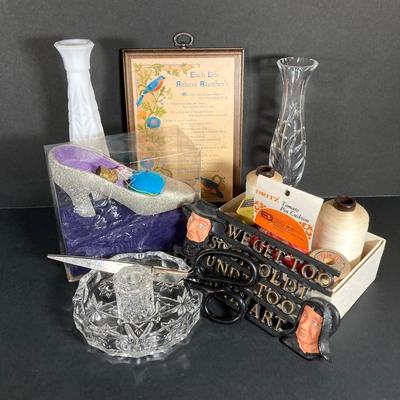 LOT 71: Vintage Collection - Sewing Notions, Cast Iron Trivet, Wall Plaque and Crystal / Milk Glass Bud Vases