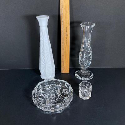 LOT 71: Vintage Collection - Sewing Notions, Cast Iron Trivet, Wall Plaque and Crystal / Milk Glass Bud Vases
