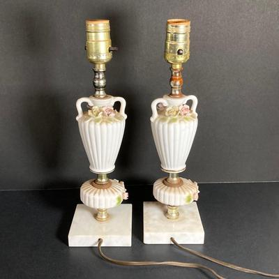 LOT 72: Vintage Porcelain Wall Plaque with Pair of White Ribbed Capodimonte Style Table Lamps