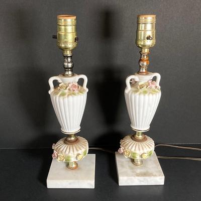 LOT 72: Vintage Porcelain Wall Plaque with Pair of White Ribbed Capodimonte Style Table Lamps