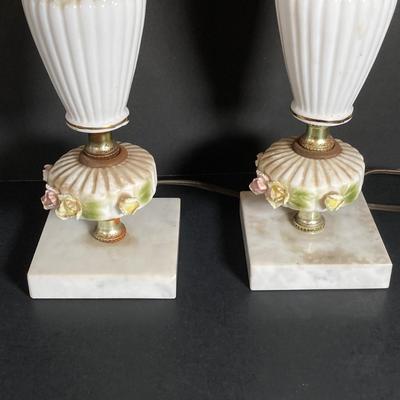 LOT 72: Vintage Porcelain Wall Plaque with Pair of White Ribbed Capodimonte Style Table Lamps