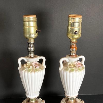 LOT 72: Vintage Porcelain Wall Plaque with Pair of White Ribbed Capodimonte Style Table Lamps