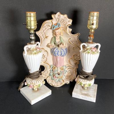 LOT 72: Vintage Porcelain Wall Plaque with Pair of White Ribbed Capodimonte Style Table Lamps