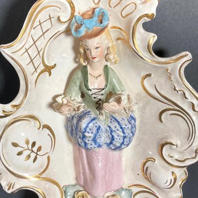 LOT 72: Vintage Porcelain Wall Plaque with Pair of White Ribbed Capodimonte Style Table Lamps