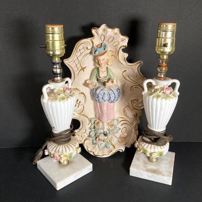 LOT 72: Vintage Porcelain Wall Plaque with Pair of White Ribbed Capodimonte Style Table Lamps