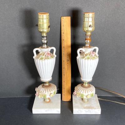 LOT 72: Vintage Porcelain Wall Plaque with Pair of White Ribbed Capodimonte Style Table Lamps