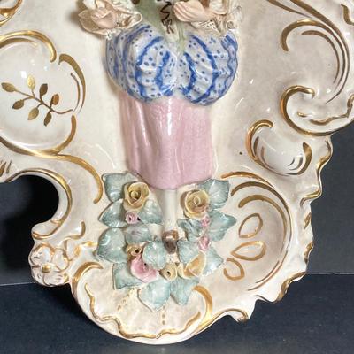 LOT 72: Vintage Porcelain Wall Plaque with Pair of White Ribbed Capodimonte Style Table Lamps