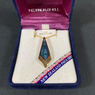 LOT 73: Vintage Jewelry and Accessories - Deltah Gold Plated Pearl Necklace, Cascade Gold Plated Abalone Necklace, Earrings, Wallets,...