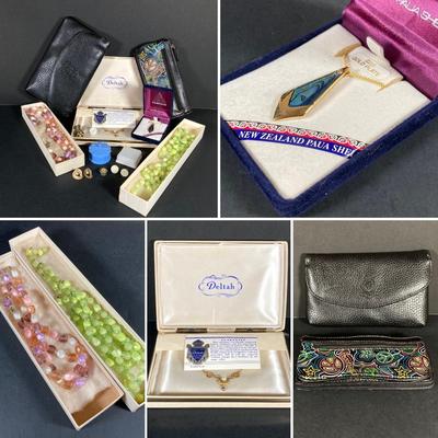 LOT 73: Vintage Jewelry and Accessories - Deltah Gold Plated Pearl Necklace, Cascade Gold Plated Abalone Necklace, Earrings, Wallets,...