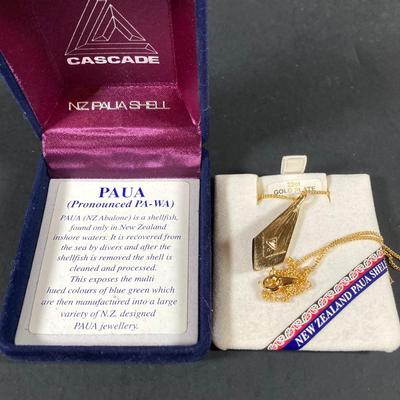 LOT 73: Vintage Jewelry and Accessories - Deltah Gold Plated Pearl Necklace, Cascade Gold Plated Abalone Necklace, Earrings, Wallets,...