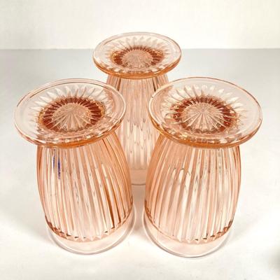 LOT 76: Vintage Glass Collection - Pink Ribbed Goblets, Frosted Walther Crystal Glas Bowl, Pitcher, Bud Vase and Butter Dish with Cloche