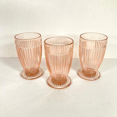 LOT 76: Vintage Glass Collection - Pink Ribbed Goblets, Frosted Walther Crystal Glas Bowl, Pitcher, Bud Vase and Butter Dish with Cloche