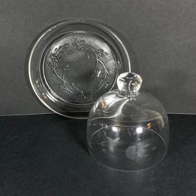 LOT 76: Vintage Glass Collection - Pink Ribbed Goblets, Frosted Walther Crystal Glas Bowl, Pitcher, Bud Vase and Butter Dish with Cloche