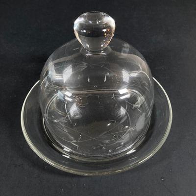 LOT 76: Vintage Glass Collection - Pink Ribbed Goblets, Frosted Walther Crystal Glas Bowl, Pitcher, Bud Vase and Butter Dish with Cloche