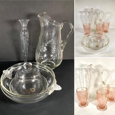 LOT 76: Vintage Glass Collection - Pink Ribbed Goblets, Frosted Walther Crystal Glas Bowl, Pitcher, Bud Vase and Butter Dish with Cloche