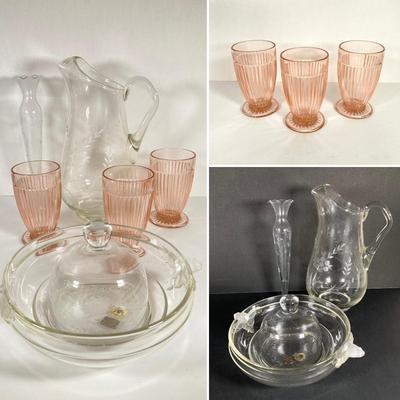 LOT 76: Vintage Glass Collection - Pink Ribbed Goblets, Frosted Walther Crystal Glas Bowl, Pitcher, Bud Vase and Butter Dish with Cloche