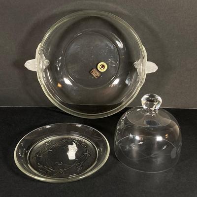 LOT 76: Vintage Glass Collection - Pink Ribbed Goblets, Frosted Walther Crystal Glas Bowl, Pitcher, Bud Vase and Butter Dish with Cloche