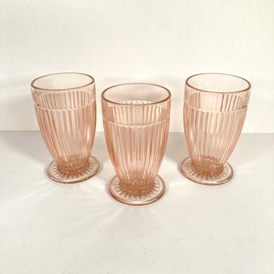 LOT 76: Vintage Glass Collection - Pink Ribbed Goblets, Frosted Walther Crystal Glas Bowl, Pitcher, Bud Vase and Butter Dish with Cloche