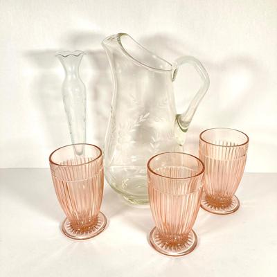 LOT 76: Vintage Glass Collection - Pink Ribbed Goblets, Frosted Walther Crystal Glas Bowl, Pitcher, Bud Vase and Butter Dish with Cloche