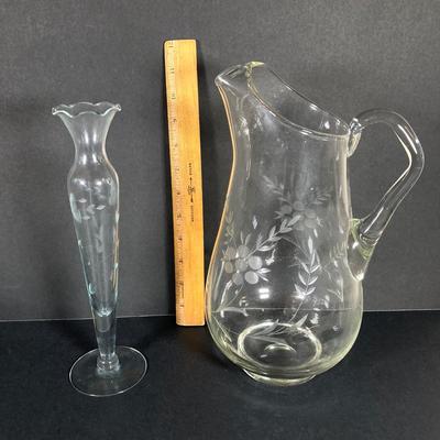 LOT 76: Vintage Glass Collection - Pink Ribbed Goblets, Frosted Walther Crystal Glas Bowl, Pitcher, Bud Vase and Butter Dish with Cloche