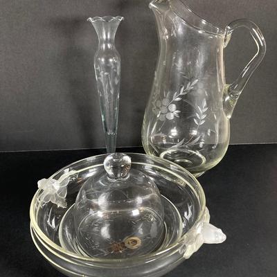 LOT 76: Vintage Glass Collection - Pink Ribbed Goblets, Frosted Walther Crystal Glas Bowl, Pitcher, Bud Vase and Butter Dish with Cloche