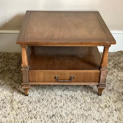 LOT 79: Vintage / Mid-Century Modern Bassett Furniture Wood End Table with Pair of Wooden Chairs Made by Liberty Chain Company, Inc.