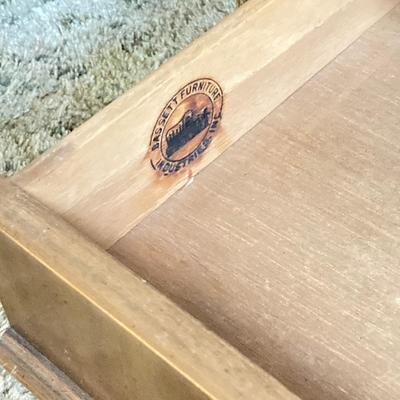 LOT 79: Vintage / Mid-Century Modern Bassett Furniture Wood End Table with Pair of Wooden Chairs Made by Liberty Chain Company, Inc.