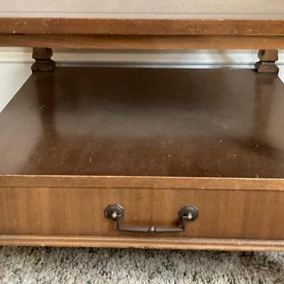 LOT 79: Vintage / Mid-Century Modern Bassett Furniture Wood End Table with Pair of Wooden Chairs Made by Liberty Chain Company, Inc.