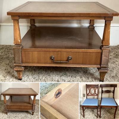LOT 79: Vintage / Mid-Century Modern Bassett Furniture Wood End Table with Pair of Wooden Chairs Made by Liberty Chain Company, Inc.