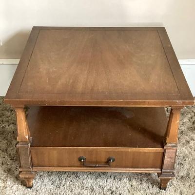 LOT 79: Vintage / Mid-Century Modern Bassett Furniture Wood End Table with Pair of Wooden Chairs Made by Liberty Chain Company, Inc.