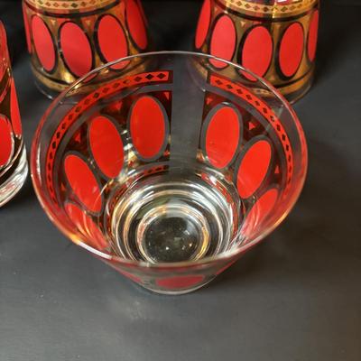 LOT 83: Vintage MCM Fred Press Red Oval & 24K Gold 3" Barware Glasses