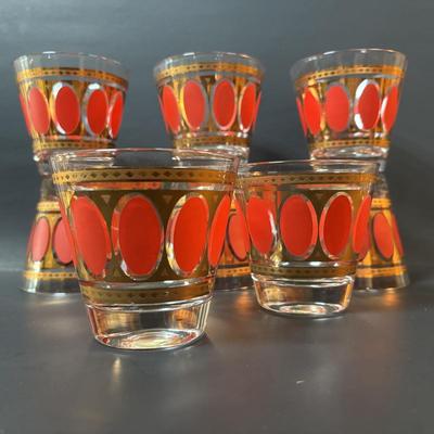 LOT 83: Vintage MCM Fred Press Red Oval & 24K Gold 3" Barware Glasses