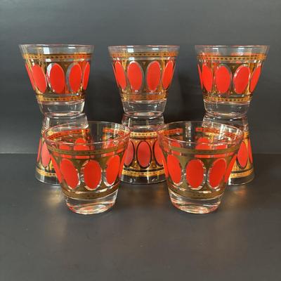 LOT 83: Vintage MCM Fred Press Red Oval & 24K Gold 3" Barware Glasses