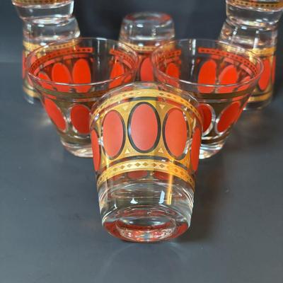 LOT 83: Vintage MCM Fred Press Red Oval & 24K Gold 3" Barware Glasses