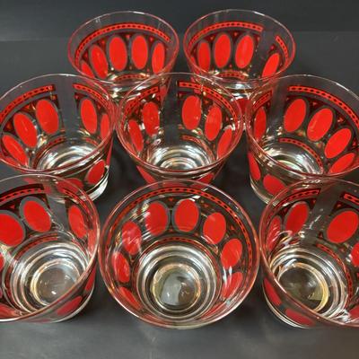 LOT 83: Vintage MCM Fred Press Red Oval & 24K Gold 3" Barware Glasses