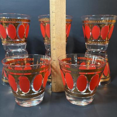 LOT 83: Vintage MCM Fred Press Red Oval & 24K Gold 3" Barware Glasses