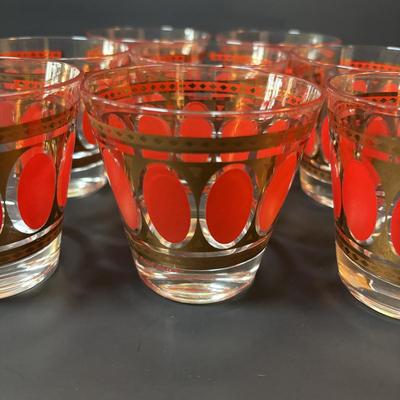 LOT 83: Vintage MCM Fred Press Red Oval & 24K Gold 3" Barware Glasses