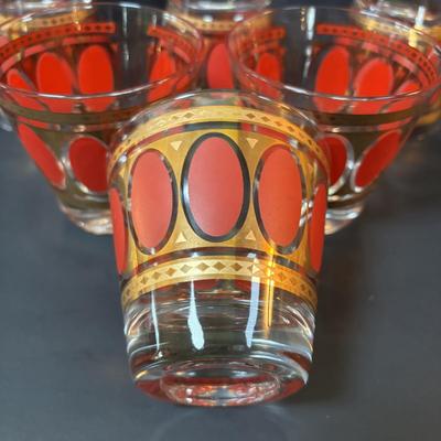 LOT 83: Vintage MCM Fred Press Red Oval & 24K Gold 3" Barware Glasses
