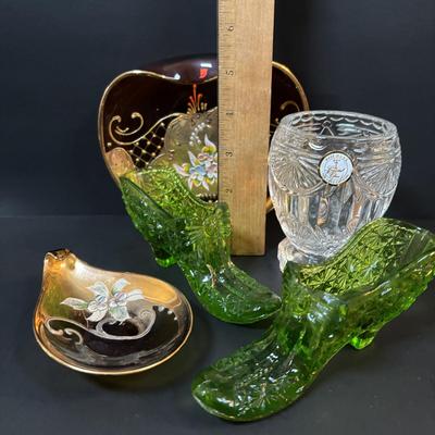 LOT 85: Vintage Boyd Vaseline Glass "Daisey & Button" Bow Slippers, Vintage Hand Painted Trinket Dishes w/Gold Floral...